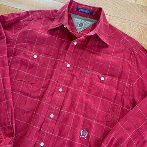 Vintage Tommy Hilfiger Polo Shirt Button Down Mens L Red Plaid‎ Crest Y2K